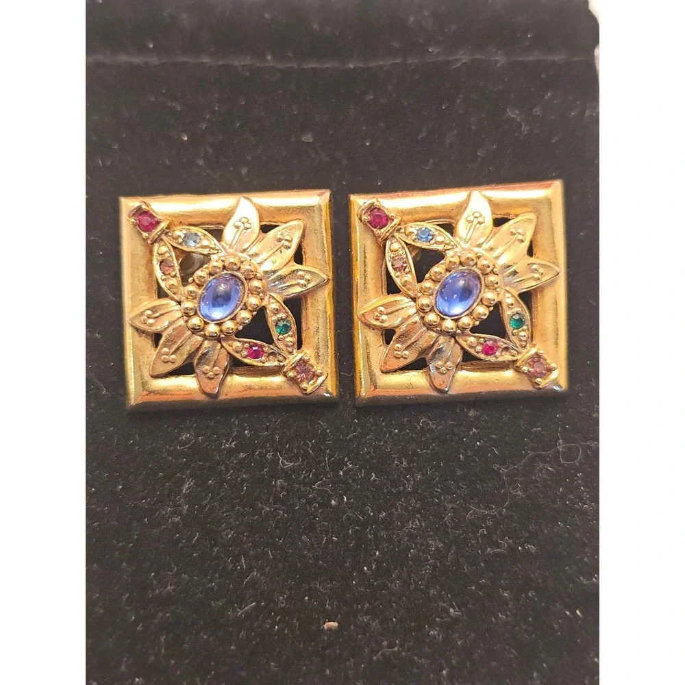 Catherine Stein Design Vintage Gold Multi Color Jewel Floral Square Earrings